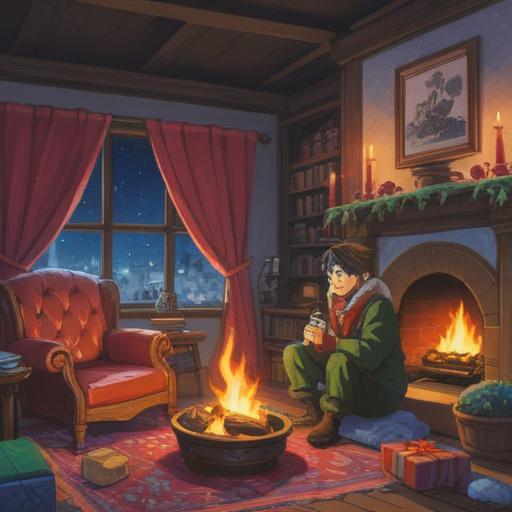A serene winter scene on New Year's Eve, a person bundled up in warm clothing, sitting by a cozy fireplace, surrounded by soft glowing lights, subtle mist indicating illness, ethereal symbols floating in the air symbolizing spiritual signs, calm ambiance, detailed surroundings, inviting atmosphere, 4k