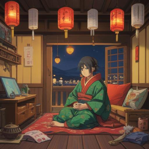 A cozy illustration of a person sitting in a traditional Japanese living room on New Year's Eve, wrapped in a warm blanket, enjoying comforting bowl of toshikoshi soba, a glimpse of beautiful New Year decorations in the background, a soft glow from a paper lantern, a steaming cup of green tea beside them, a nostalgic atmosphere, soothing colors, detailed texture, 4k