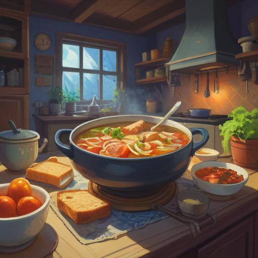 A cozy kitchen scene, a steaming bowl of chicken soup, vibrant vegetables, a slice of warm bread, soft lighting, comforting atmosphere, soothing aroma, a person enjoying the meal, surrounded by warm blankets, inviting environment, 4k
