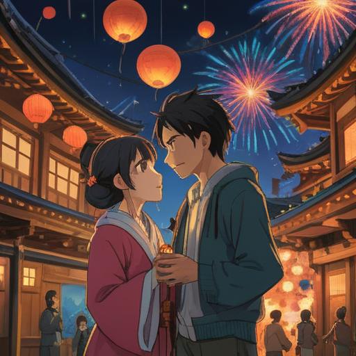 A spiritual-themed illustration of a heated argument on New Year's Eve, contrasting emotions, traditional Japanese decorations, fireworks in the background, vibrant colors, intense facial expressions, cultural significance, tension and resolution, 4k