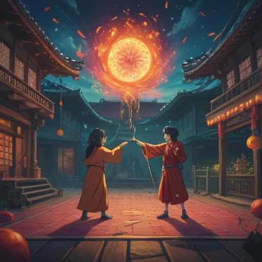 A dramatic scene depicting a traditional New Year's Eve celebration, two individuals in a heated argument but surrounded by a mystical aura, vibrant fireworks illuminating the night sky, symbolic elements representing reconciliation and spiritual growth, an ancient temple in the background, rich cultural details, a sense of tension transforming into harmony, 4k