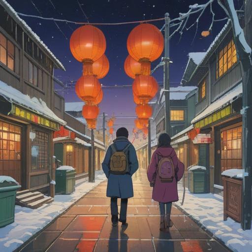 A serene winter scene, a peaceful Japanese town, the aftermath of New Year's Eve celebrations, a couple finding a lucky charm, bright red envelopes symbolizing good fortune, snow gently falling, warm light from traditional lanterns, hopeful expressions, a sense of renewal and reconciliation, soft lighting, 4k