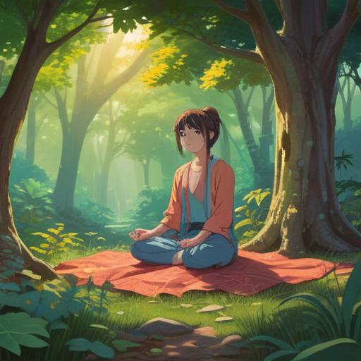 A serene and calming scene of a person meditating in nature, surrounded by soft sunlight filtering through trees, gentle breeze rustling leaves, peaceful expression on the person's face, symbolism of renewal and reflection, gentle stream flowing nearby, vibrant colors of the changing seasons, 4k