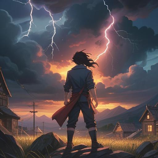 A dramatic scene depicting a massive thunderstorm, an imposing thundercloud illuminated by bright flashes of lightning, symbolic of spiritual energy and transformation, swirling winds, dark and menacing atmosphere, contrasting light and shadow, nature's raw power, awe-inspiring sight, high level of detail