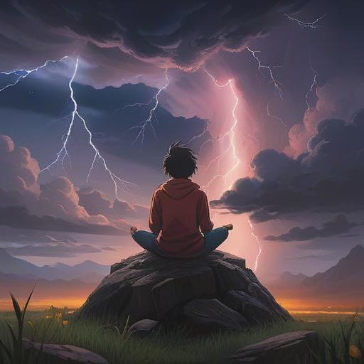 A dramatic scene of a large thunderstorm, brilliant lightning illuminating the dark sky, a serene landscape below, a figure meditating under a tree, glowing aura surrounding them, symbolizing spiritual awakening, mystical energy flowing, nature's powerful beauty, 4k
