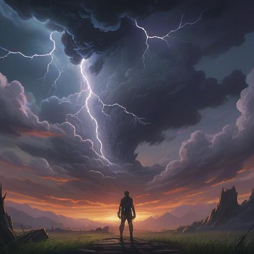 A dramatic scene depicting a powerful lightning strike illuminating the sky, dark storm clouds swirling, a figure standing in awe under the storm, surrounded by glowing orbs representing spiritual signs, a sense of urgency in the atmosphere, nature's energy visibly crackling, vivid colors highlighting the intensity of the moment, 4k