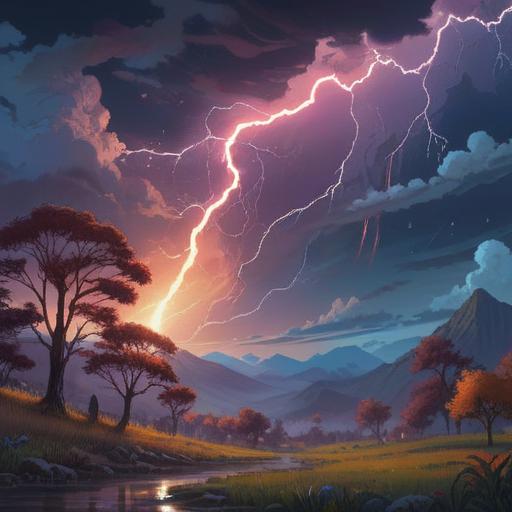 A magical scene depicting a large lightning strike, vibrant colors illuminating the night sky, a serene landscape with trees swaying in the wind, a mysterious glowing object on the ground symbolizing luck, dramatic lighting casting long shadows, a feeling of awe and wonder, nature's beauty transformed, 4k