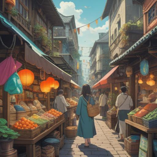 A serene and symbolic illustration, a person standing in a bustling marketplace, surrounded by vibrant stalls filled with various goods, an ethereal glow surrounding them, representing abundance and prosperity, soft light creating a mystical atmosphere, reflections of personal growth and transformation in their eyes, intricate details in the surrounding items symbolizing material and spiritual wealth, calm expressions, 4k