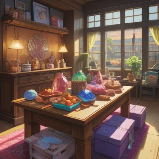 A large, sparkling crystal resting on a wooden table, surrounded by shopping bags filled with colorful purchases, sunlight filtering through a nearby window, casting a soft glow on the crystal, a sense of joy and luck in the air, warm and inviting atmosphere, vibrant colors, inviting details, 4k