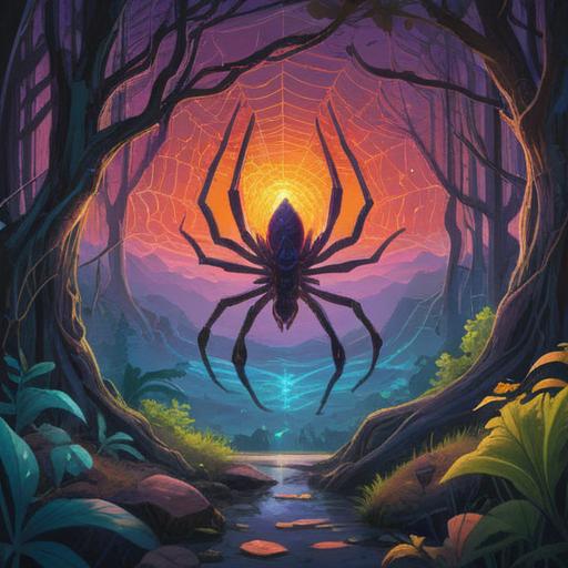 A large spider symbolizing spiritual transformation, intricate web patterns, deep connection to nature, mystical ambiance, presence of other spiritual elements like crystals and feathers, vivid colors representing different energies, 4k