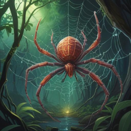 A large spider gracefully weaving a shimmering web, symbolic of spiritual guidance, illuminated by soft, ethereal light, surrounded by lush greenery, serene atmosphere, detailed close-up, nature's harmony, mystical elements, 4k