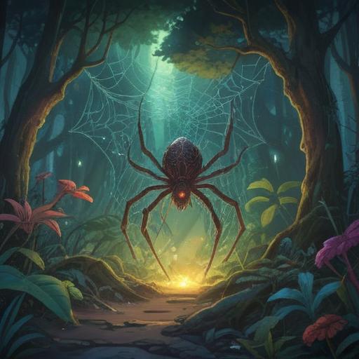 A large spider in a mystical forest, glowing soft light surrounding it, symbolism of transformation and spiritual awakening, intricate web patterns reflecting sunlight, ethereal atmosphere, sense of caution and awareness, vibrant nature elements, 4k
