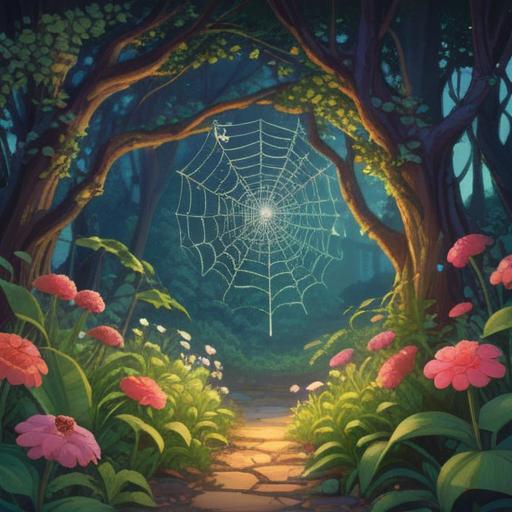 A mysterious scene depicting a large spider's web glistening in the morning light, surrounded by vibrant flowers and lush greenery, a small lucky charm hanging from a branch nearby, soft sunlight filtering through the leaves, an aura of magic and fortune, serene atmosphere, detailed textures, enchanting nature, 4k