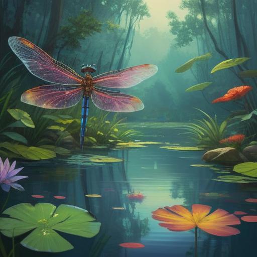 A large dragonfly soaring gracefully over a tranquil pond, vibrant colors reflecting in the water, mystical aura surrounding the dragonfly, symbols of transformation and adaptability, serene natural setting, soft sunlight filtering through lush greenery, peaceful atmosphere, detailed textures, 4k
