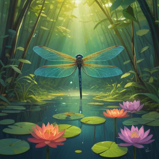 A large dragonfly hovering gracefully above a serene pond, vibrant colors reflecting on the water, soft sunlight filtering through lush green leaves, a sense of tranquility and spiritual awakening, delicate details of the dragonfly's wings, peaceful natural surroundings, symbolic imagery of good omens, 4k