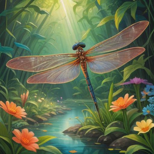A large dragonfly hovering over a peaceful garden, vibrant colors, serene atmosphere, mystical symbolism, spiritual awakening, sunlight filtering through leaves, gentle breezes, nature's harmony, inviting presence, 4k