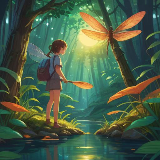 A picturesque scene of a person discovering a large dragonfly, vibrant nature setting, sunlight filtering through leaves, a sense of wonder and excitement, whimsical elements surrounding the dragonfly, butterflies fluttering, sparkling dust in the air, joyful expression on the person's face, enchanting forest backdrop, 4k