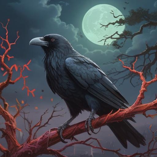 A large crow perched on a twisted branch, dark ominous sky overhead, mystical symbols floating around, an ethereal glow emanating from the crow's eyes, a sense of caution and warning in the atmosphere, spiritual significance highlighted, intricate feather details, surreal and dreamlike quality, 4k