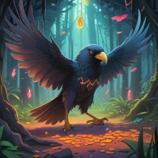 A large crow emerging from the shadows, surrounded by shimmering lucky charms, magical aura, vibrant colors, mystical forest setting, enchanting details, sense of wonder, symbolism of fortune, clear contrast between dark and light, captivating story elements, 4k