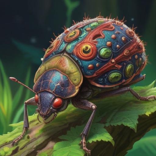 A large stink bug representing spiritual meaning, vivid colors, intricate patterns on the bug's body, set in a serene natural environment, surrounded by glowing orbs of light, symbolic plants and flowers, mystical atmosphere, reflective water, abstract spiritual motifs, 4k