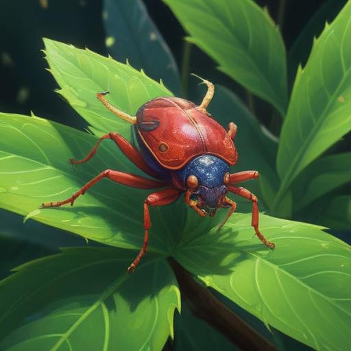 A large, colorful stinkbug perched on a vibrant green leaf, surrounded by ethereal light, symbolizing spiritual positivity, harmonious nature, detailed close-up of the insect's intricate patterns, soft sunlight filtering through trees, calm atmosphere, 4k