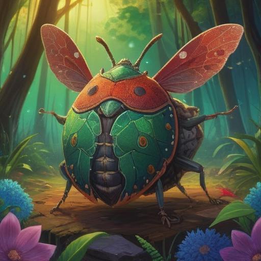 A large stink bug appears, surrounded by a mystical aura, vibrant colors, spiritual symbols in the background, nature's warning signs, intricate details of the bug's texture, ethereal light illuminating the scene, serene and contemplative atmosphere, 4k