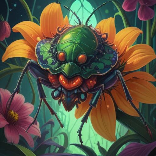 A large stink bug resting on a vibrant flower, surrounded by a glowing aura, symbolizing good luck, intricate details on the bug’s wings, lush green foliage in the background, a sense of magical realism, bright colors, calming atmosphere, 4k