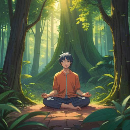 A serene landscape depicting a person meditating in the forest, surrounded by lush greenery, gentle sunlight filtering through the trees, calming atmosphere, soft rustling leaves, a sense of inner peace and connection with nature, warm colors, tranquil expression, detailed foliage, 4k