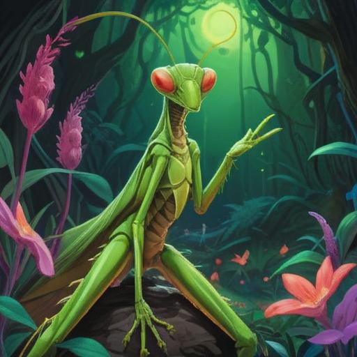 A large praying mantis symbolizing spiritual meaning, vibrant green colors, intricate details on the mantis, surrounded by glowing mystical symbols, serene nature background, illuminating spiritual aura, harmony with nature, reflections of tranquility, 4k