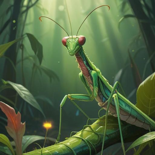 A large praying mantis perched on a vibrant green leaf, illuminated by ethereal light, surrounded by swirling mist, representing spiritual guidance, serene atmosphere, harmonious nature, intricate details of the mantis's features, soft glowing aura, 4k