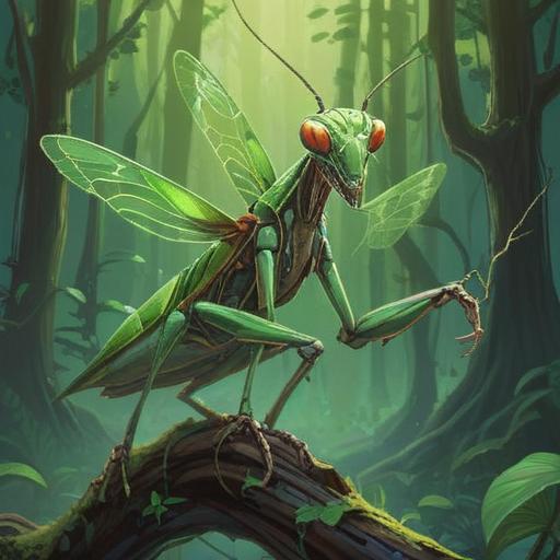 A large mantis perched on a branch, symbolic representation of spiritual awareness, vibrant green colors, intricate details on the mantis's exoskeleton, serene nature setting, soft sunlight filtering through leaves, subtle aura surrounding the mantis, mystical atmosphere, calm and reflective mood, 4k