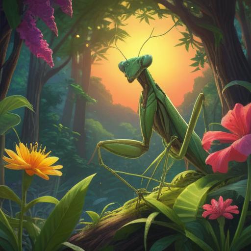 A large praying mantis perched on a vibrant flower, the sunlight filtering through lush greenery, a person looking amazed at the mantis, surrounded by various lucky items like charms and coins, a sense of wonder and curiosity in the atmosphere, bright colors, detailed foliage, whimsical and enchanting scene, 4k