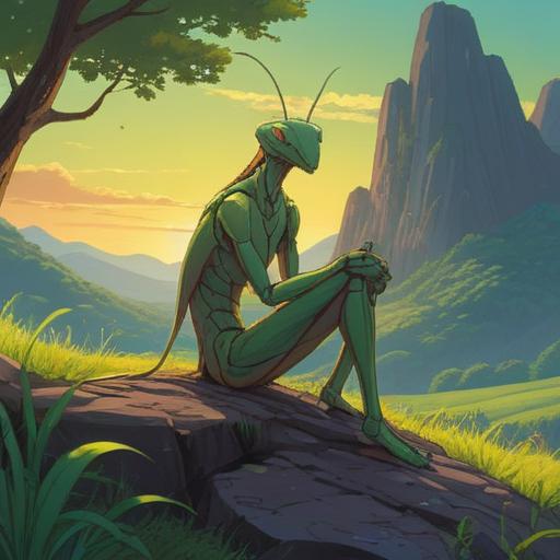 A serene nature scene after encountering a large praying mantis, a person sitting quietly on a grassy hill, deep in thought, surrounded by lush greenery, colorful wildflowers, soft sunlight filtering through the leaves, a peaceful expression on their face, reflecting on the experience, calming atmosphere, vibrant colors, 4k