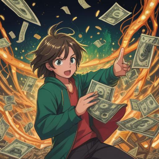 A surreal illustration depicting the energetic flow of large sums of money, golden currency bills swirling in a mesmerizing pattern, ethereal lights and cosmic elements surrounding, representing abundance and prosperity, spiritual symbols interwoven with the currency, vibrant colors, conveying a sense of transformation and positive energy, 4k