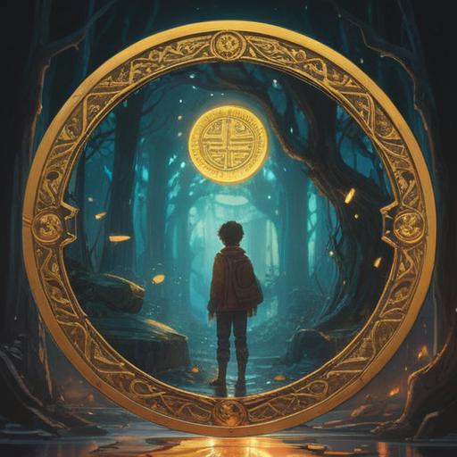 A mystical and captivating scene depicting an ethereal aura around a large golden coin, sparkling light reflecting off the surfaces, people observing the coin with a mix of awe and caution, symbols of spiritual signs floating in the air, soft glowing orbs surrounding the scene, a stormy sky in the background hinting at changing energies, serene expressions on the faces of onlookers, capturing the essence of awareness and intuition, vibrant colors, 4k