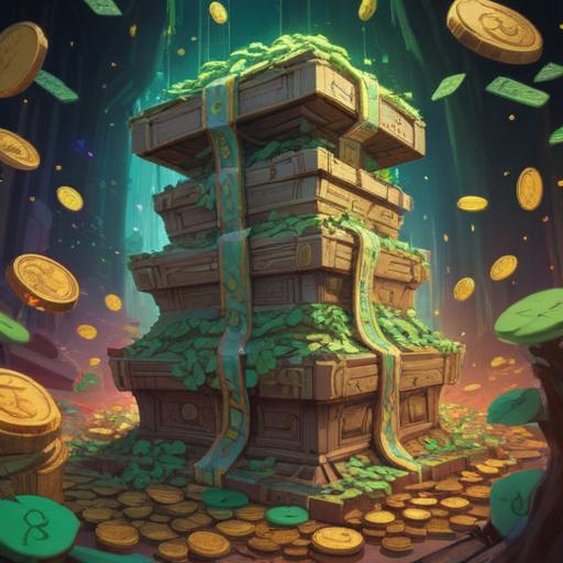 A vibrant illustration of a large stack of money surrounded by lucky charms, gold coins raining down, a four-leaf clover glowing in the foreground, a background of a bustling city filled with possibilities, bright and hopeful colors, emphasizing prosperity and good fortune, 4k