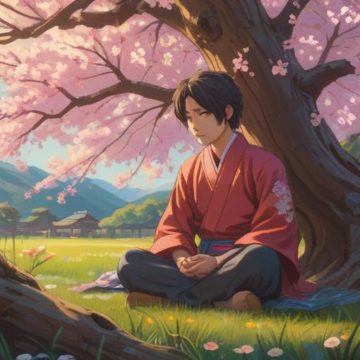 A serene scene depicting a person meditating under a cherry blossom tree, gentle sunlight filtering through the branches, symbolic elements representing good fortune like a lucky cat and coins, a peaceful expression on their face, surrounded by soft petals falling, harmonious atmosphere, inviting vibe, 4k
