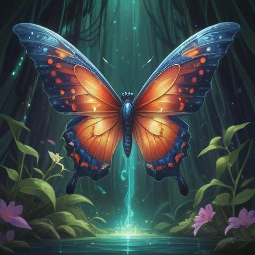 A large butterfly with vibrant colors, symbolizing transformation and spiritual growth, surrounded by ethereal light and soft glowing orbs, set against a serene nature background, capturing a sense of peace and enlightenment, dreamlike atmosphere, detailed wings with intricate patterns, 4k
