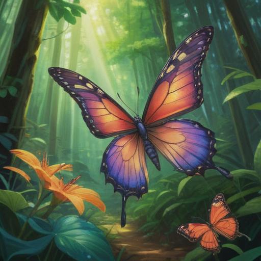 A large butterfly gracefully soaring through a sunlit forest, vibrant colors of the butterfly contrasting against the lush greenery, ethereal light filtering through the leaves, an aura of tranquility and positivity surrounding, intricate details of the butterfly's wings, symbolic representation of spiritual signs and guidance, serene atmosphere, enchanting nature, 4k