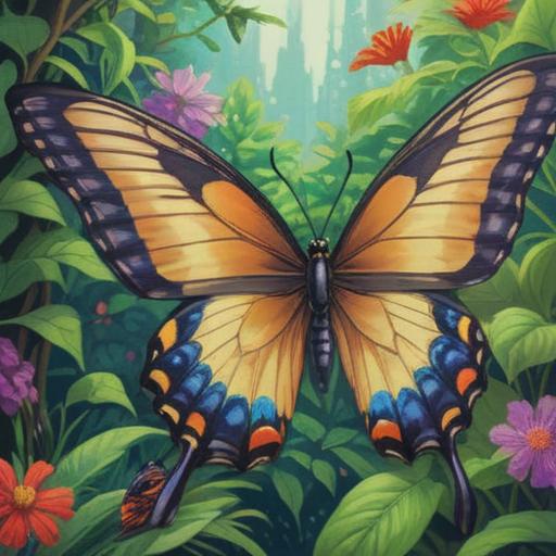 A large swallowtail butterfly gracefully fluttering in a serene garden, vibrant colors, symbolizing transformation and spiritual guidance, surrounded by blooming flowers and gentle sunlight, a mystical aura with soft glows, capturing a moment of enlightenment and self-discovery, 4k