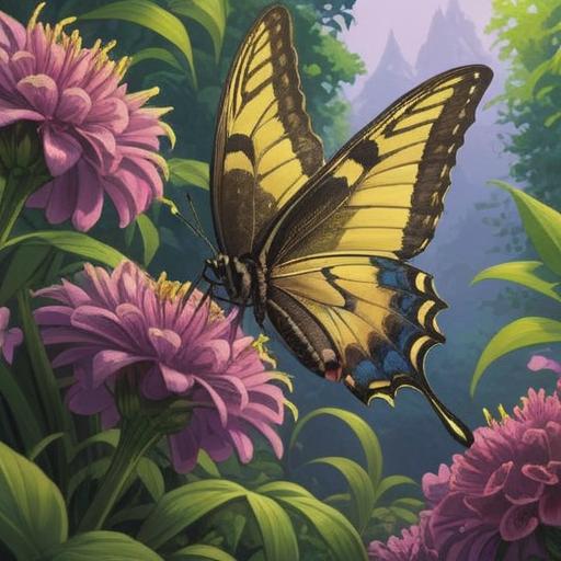 A vibrant scene featuring a large swallowtail butterfly gracefully landing on a blooming flower, symbolizing luck, lush greenery surrounding the butterfly, sparkling light filtering through the leaves, enchanting atmosphere of a sunny day, intricate details of the butterfly's wings, magical elements like small glowing orbs representing luck, harmonious blend of nature, serene and uplifting feeling, 4k