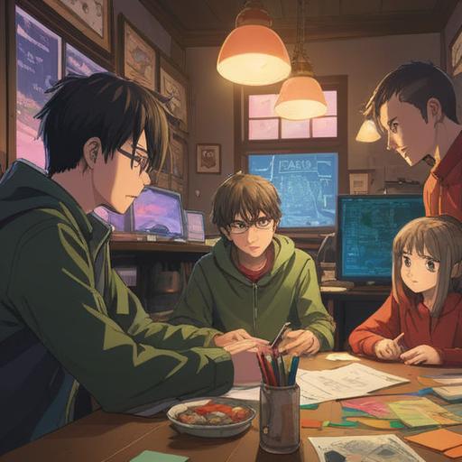 A serene digital illustration of a diverse group of people collaborating around a table, colorful sticky notes scattered, laptops open displaying graphs and charts, a warm light illuminating the scene, dynamic expressions of teamwork and brainstorming, 4k