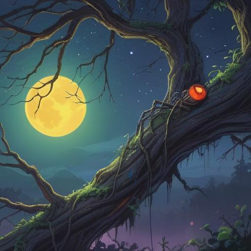 A large spider perched on a gnarled tree branch, illuminated by a full moon, ethereal mist swirling around, deep starry sky, symbols of spirituality subtly integrated, shadows cast by the spider creating a mystical atmosphere, otherworldly glow, intricate spider web glistening in the moonlight, 4k