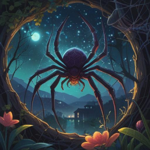 A large spider appearing at night, a symbol of spiritual good fortune, mystical glow surrounding the spider, tranquil night setting, stars twinkling in the dark sky, ethereal ambiance, intricate web patterns reflecting moonlight, serene atmosphere, a sense of wonder and tranquility, 4k