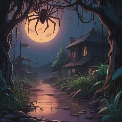 A dark, mysterious scene depicting a large spider emerging at night, symbolic representation of spiritual signs, moonlight casting shadows, eerie yet captivating atmosphere, detailed textures on the spider's legs and body, surrounding foliage illuminated by soft light, a sense of caution and intrigue, 4k resolution