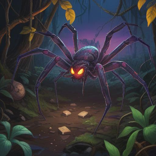 A large spider seen at night, a lucky charm to carry, mysterious atmosphere, moonlit surroundings, intricate details of the spider, shimmering stars, a glowing talisman in hand, dark forest backdrop, subtle tension and wonder, 4k