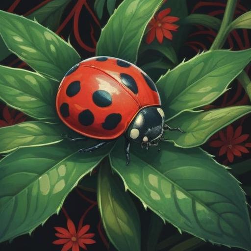 A large ladybug symbolizing spiritual meaning, vibrant red and black colors, intricate patterns on its wings, lush green foliage in the background, sunlight filtering through leaves, serene and mystical atmosphere, representing transformation and luck, detailed textures, 4k