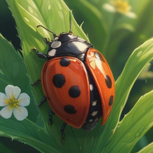 A large ladybug perched on a vibrant green leaf, surrounded by delicate flowers, glowing softly in the sunlight, symbolizing good luck and positive energy, a serene and peaceful atmosphere, intricate details on the ladybug's shell, gentle pastel colors, a sense of wonder and spirituality, nature's harmony, 4k