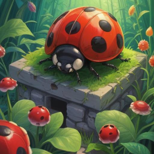 A large ladybug appearing in a garden, vibrant colors, a sense of wonder and mystery, symbolic presence of good luck, lush green plants, sunlight filtering through leaves, captivating details of the ladybug's patterns, serene and calming atmosphere, magical realism, 4k