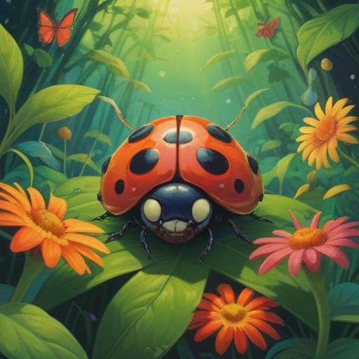 A large ladybug perched on a vibrant green leaf, bright sunlight filtering through the trees, a whimsical garden setting, colorful flowers surrounding the scene, a sense of happiness and good fortune, playful details, 4k